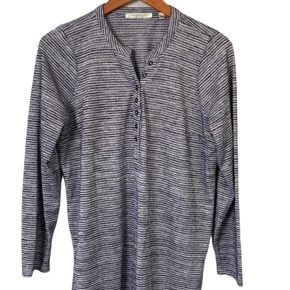 Cyrus Striped Henley Navy Tunic Top High Low Hem Long Sleeve 1/2 Button Front - Picture 14 of 14